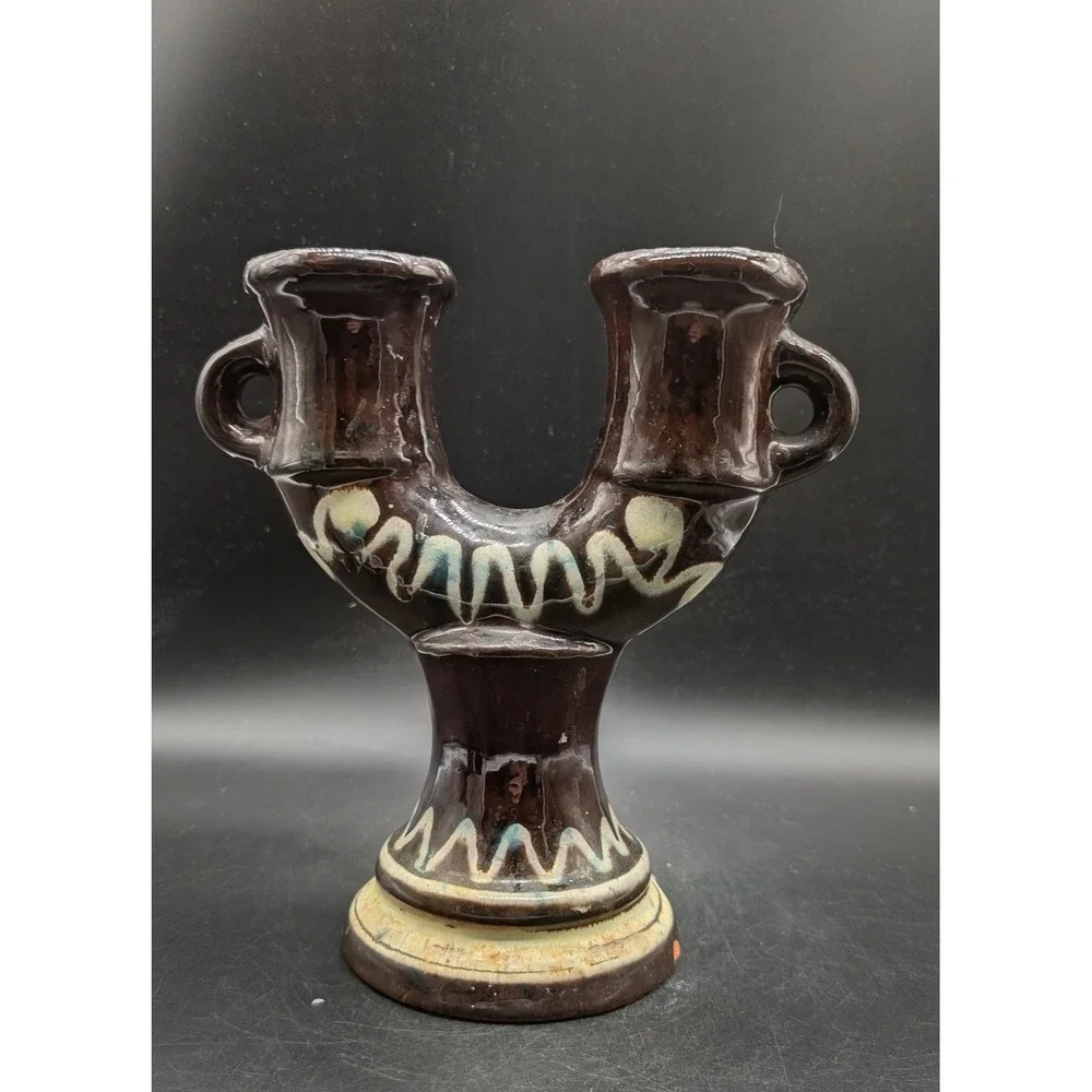 Nittsjo Sweden Thomas Hellstrom 6222 Brown Glazed Pottery Double Candle Holder